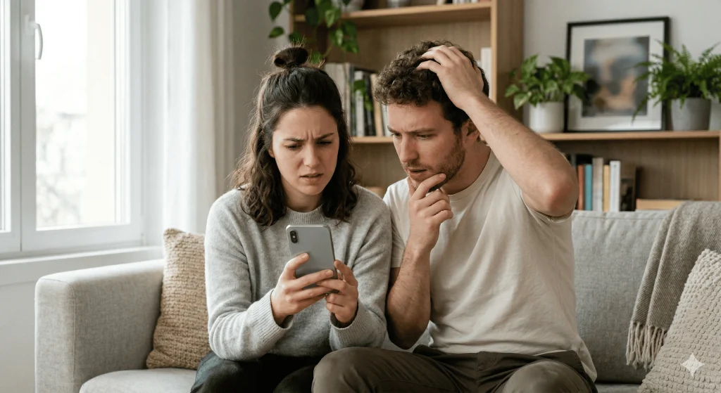 Pareja buscando información sobre fertilidad en Lima en internet con dudas.