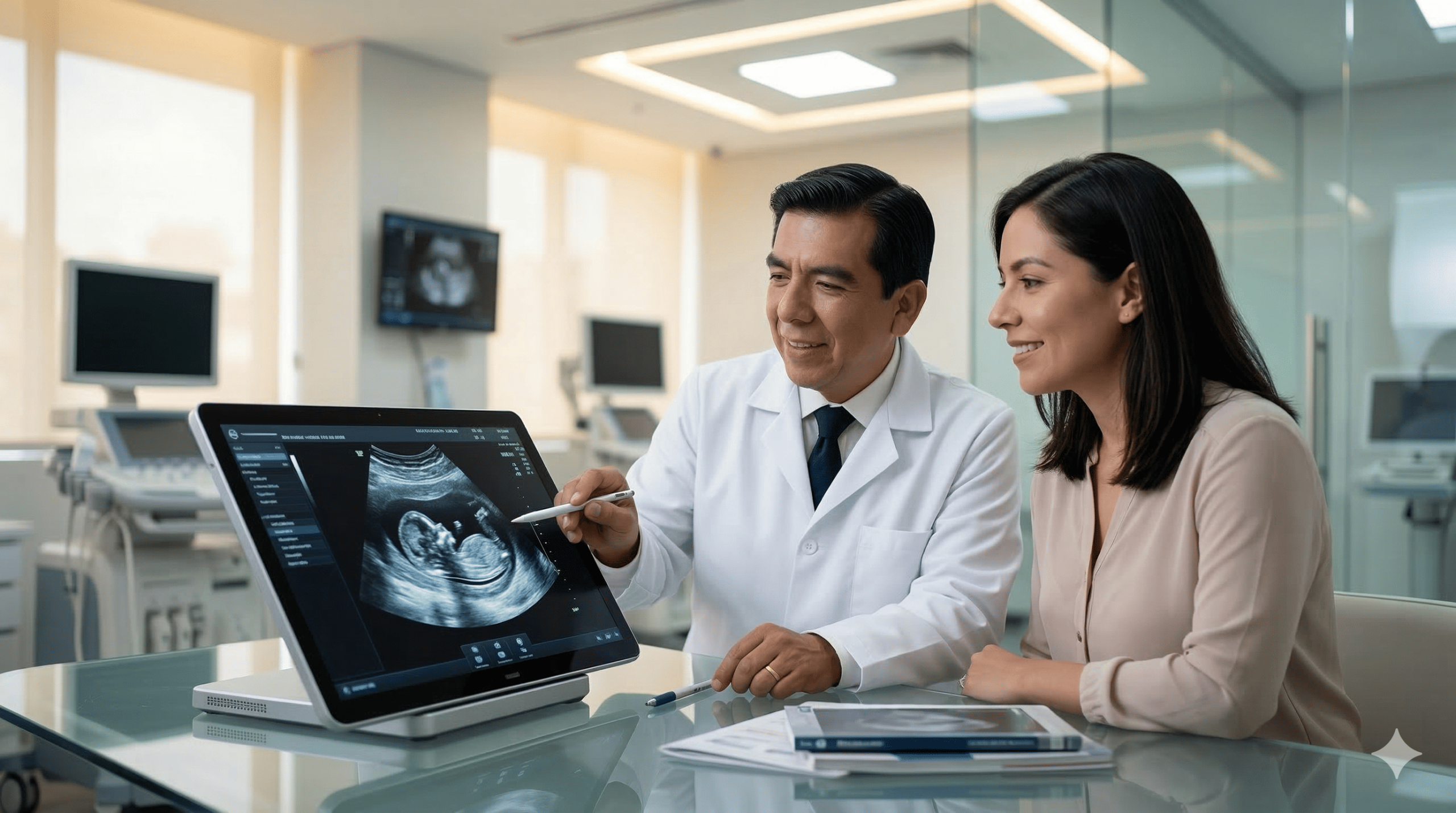 Doctor Miguel Motta explicando resultados positivos de fertilización in vitro en Lima a una paciente usando tecnología avanzada.