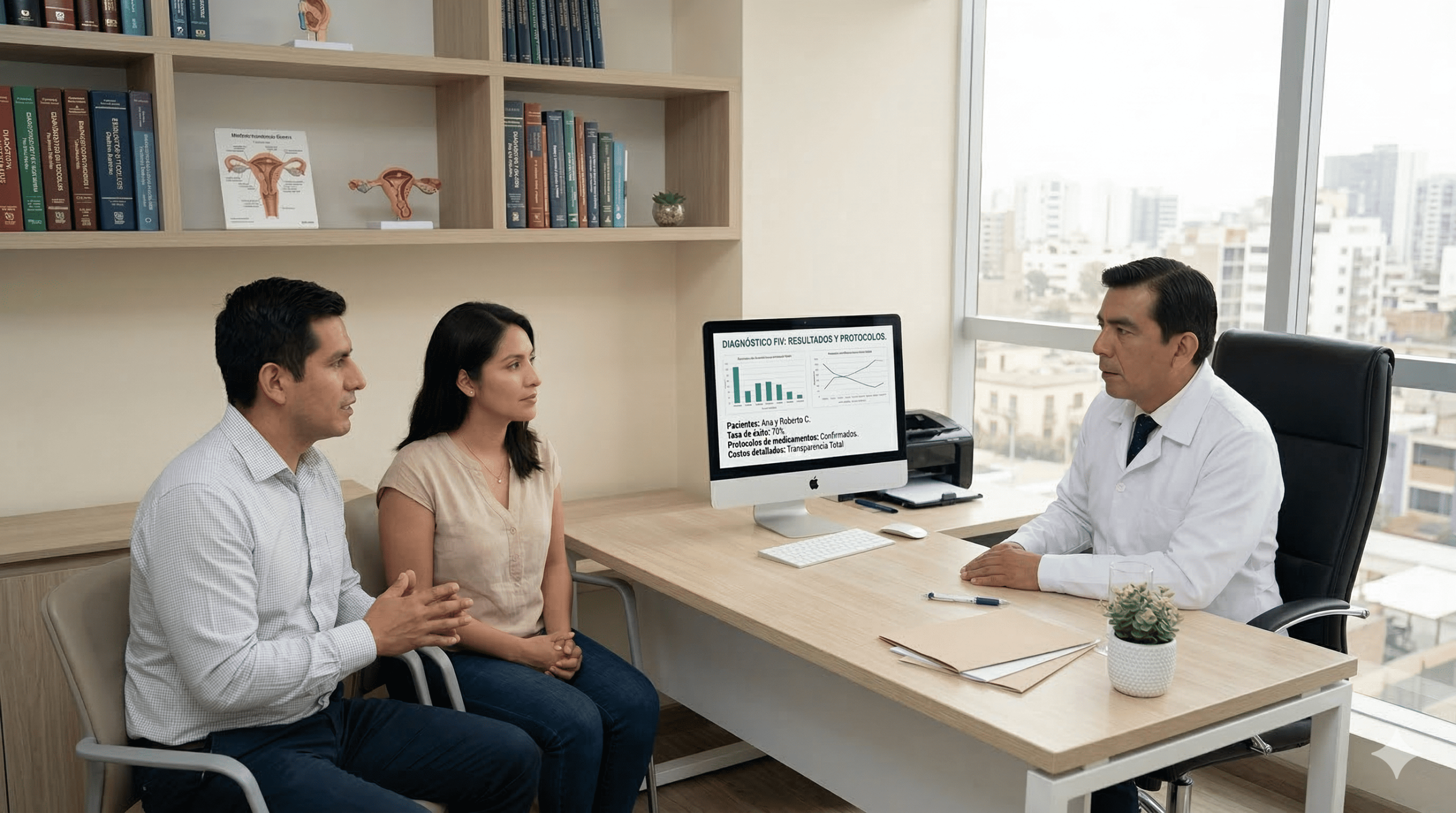 Doctor Miguel Motta especialista en fertilidad en Lima explicando protocolos de seguridad y transparencia a una pareja interesada en FIV.